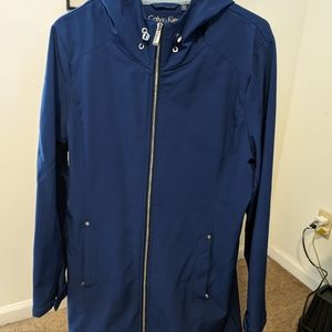 Calvin Klein Womens Soft Shell Mid Length Hooded Rain Jacket Blue size Large